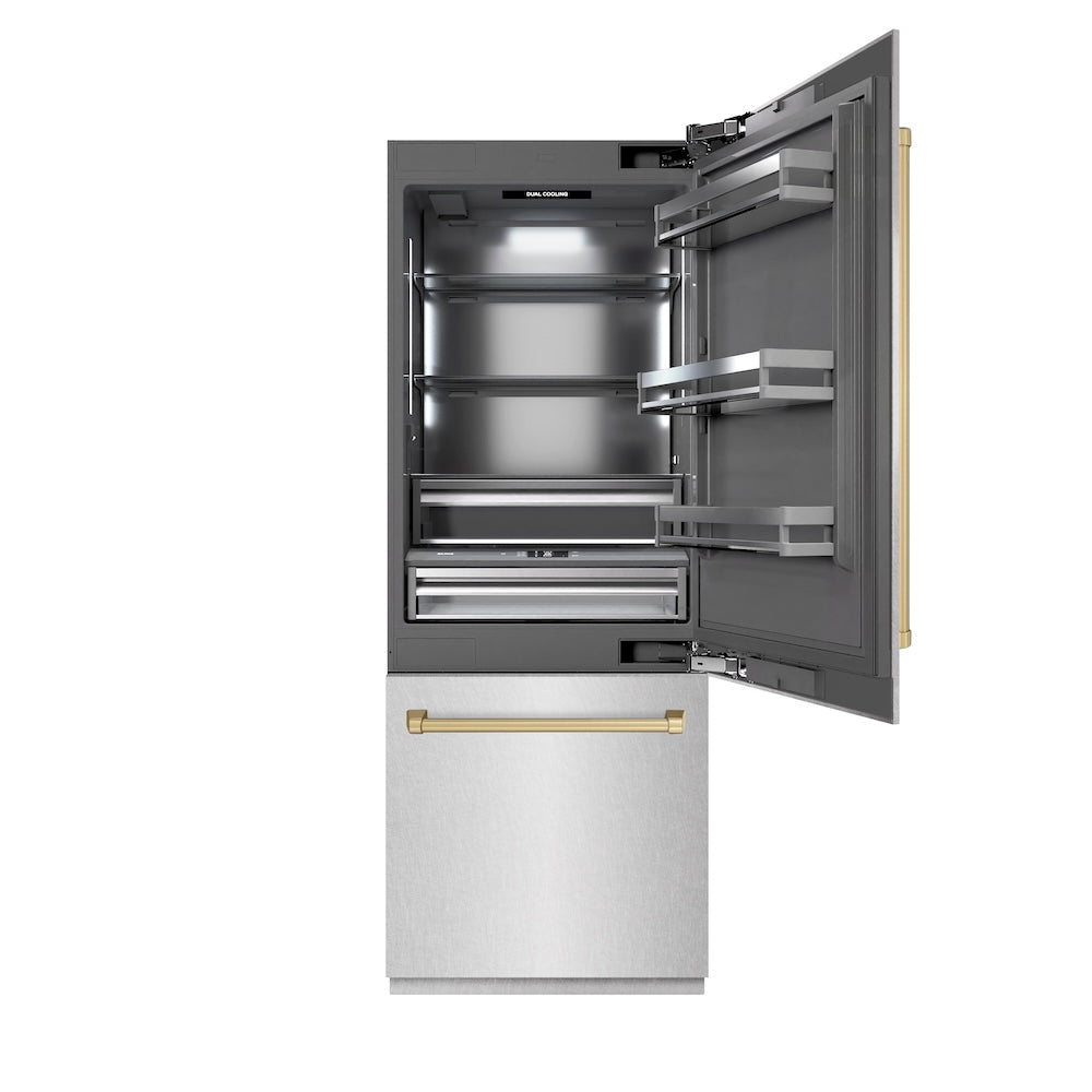 ZLINE GRBIVZ SN 30 CB 30-Inch Built-In Bottom Freezer Refrigerator - 16.1 cu.ft Capacity, Satin Stainless Steel Exterior with Graphite Gray Interior & Champagne Bronze Accents - Water Dispenser & Ice Maker - Perfect for Modern Kitchens & Open-Concept Homes