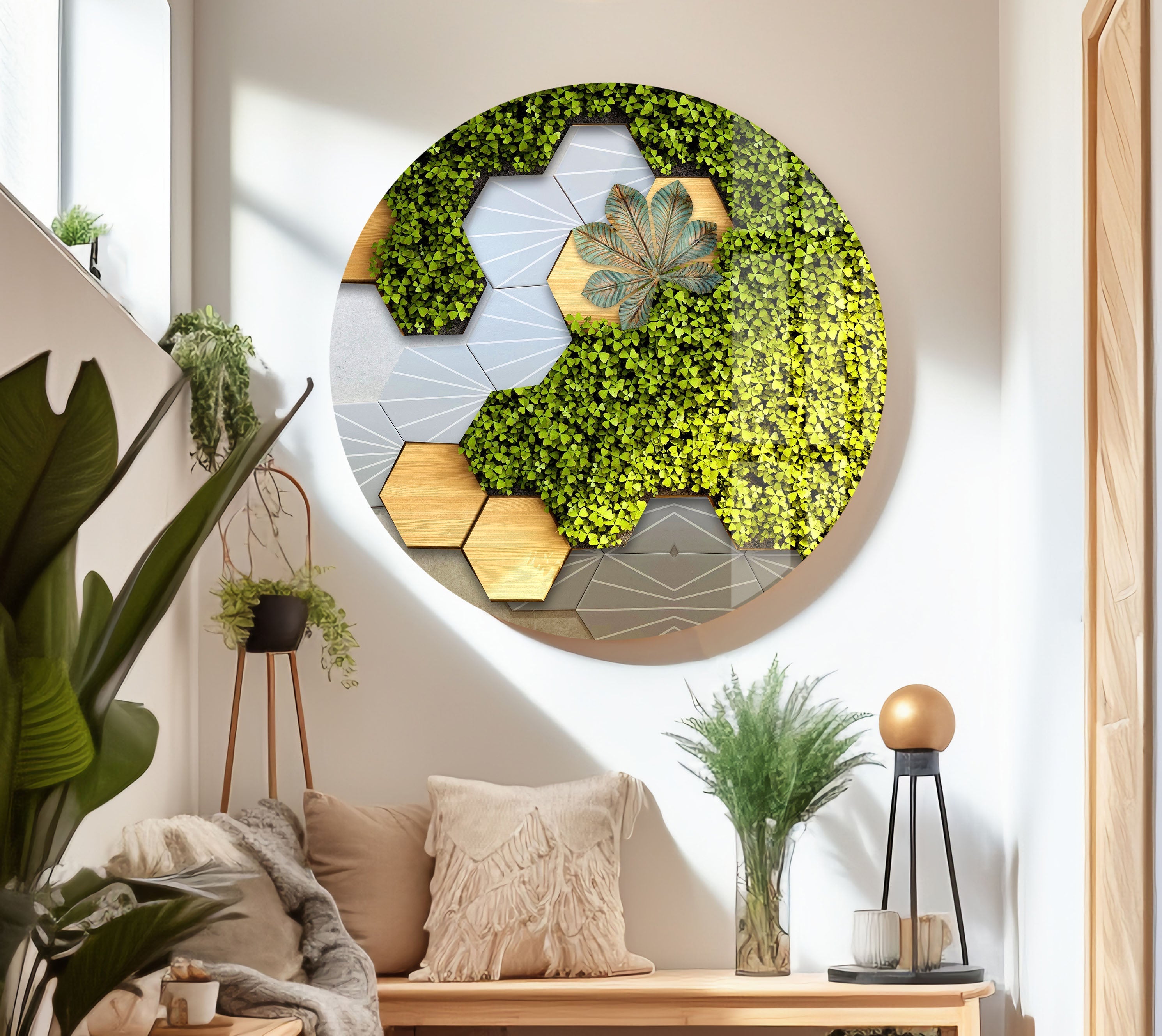 Elegant Beige Background with Moss Flower Glass Wall Art - Modern Home Decor for Living Room, Bedroom & Office