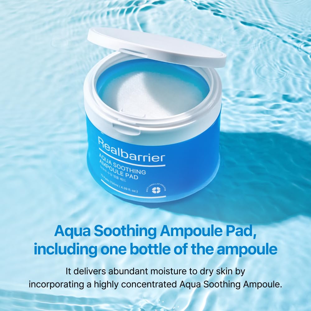 Real Barrier Aqua Soothing Ampoule Pad - 70 Pads | Cooling Facial Mask for Redness Relief & Skin Barrier Repair | Hydrating Face Moisturizer with Hyaluronic Acid | Korean Skincare for Sensitive & Dry Skin | Perfect for Post-Sun Care & Daily Soothing Routine