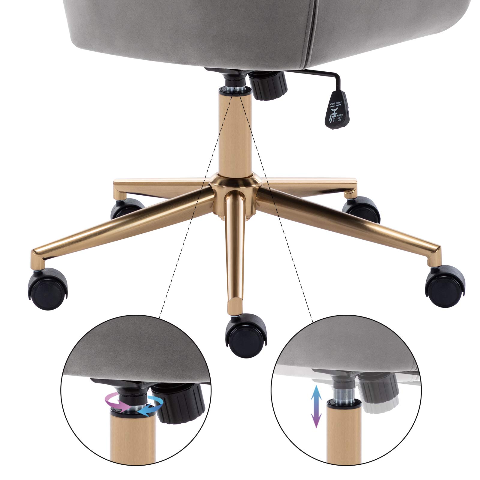 DUHOME Velvet Upholstered Office Chair - Adjustable Height Swivel Rolling Task Chair with Gold Metal Base - Ergonomic Computer Desk Chair for Home Office, Study & Gaming - Grey Modern Workspace Seating