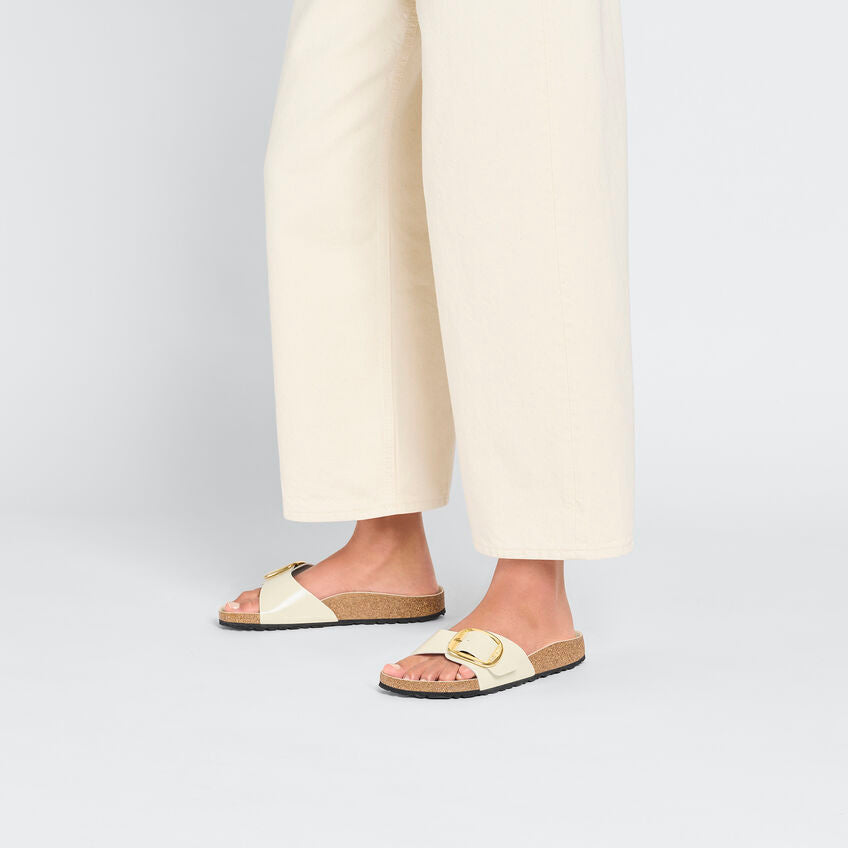 Birkenstock Madrid Big Buckle Sandals - High Shine Leather in Ecru | Comfortable Orthopedic Footbed | Perfect for Summer Outings & Beach Vacations