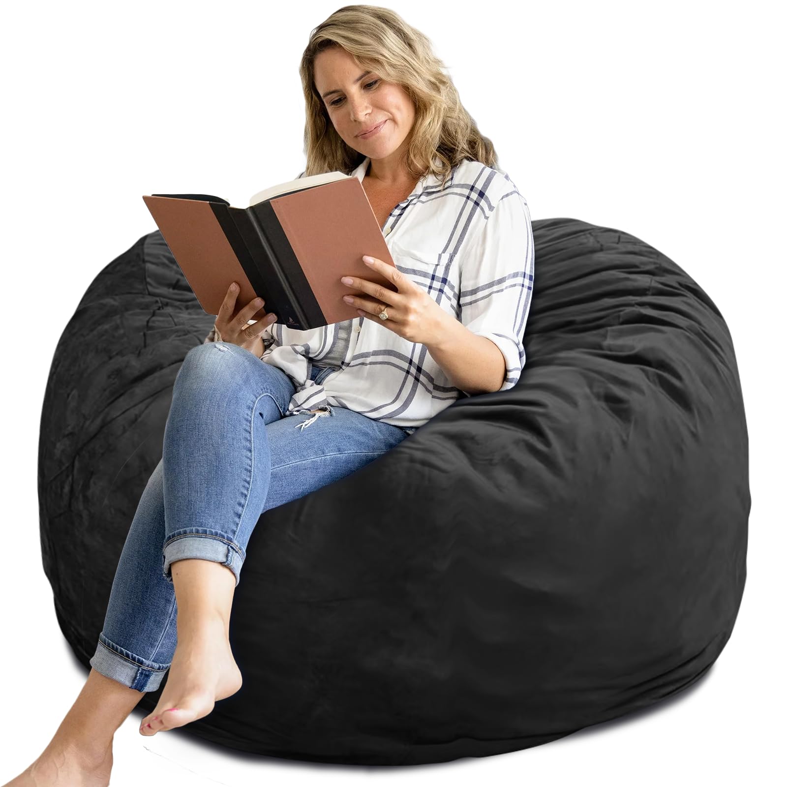4FT Memory Foam Bean Bag Chair with Removable Velvet Cover - Giant Round Sofa Chair for Adults & Teens - Perfect for Dorm Room, Bedroom, Gaming Room & Lounge - Black