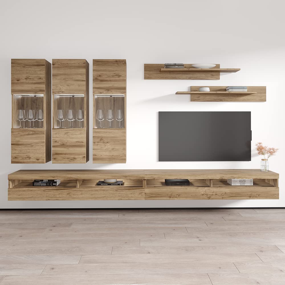 Modern Floating TV Stand with Storage & LED Lights - Wall-Mounted Entertainment Center for Living Room & Bedroom - Oak Wood TV Console with Shelves - Perfect for Small Spaces & Home Theater Setup