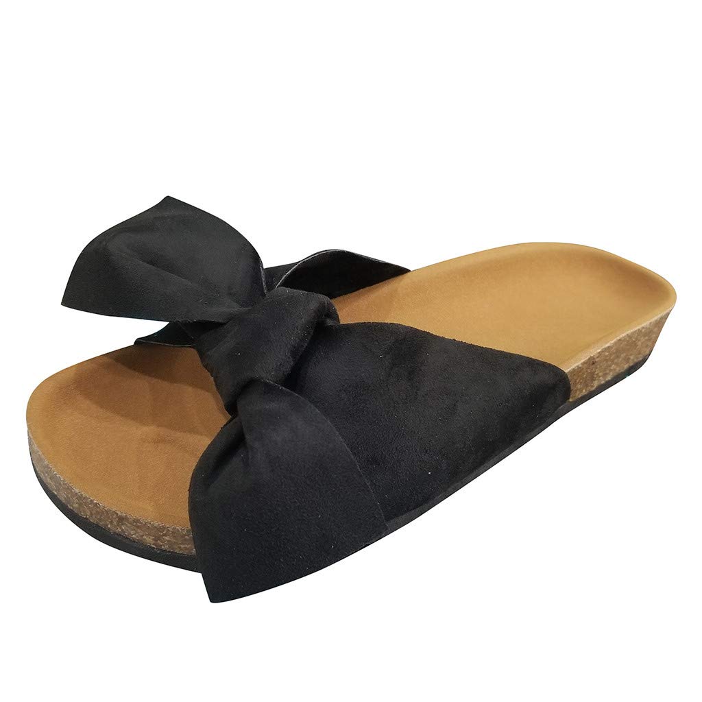Women's Flat Slide Sandals with Cork Sole & Cute Knot Bow Design - Comfortable Canvas Summer Sandals for Beach, Pool, and Casual Outings