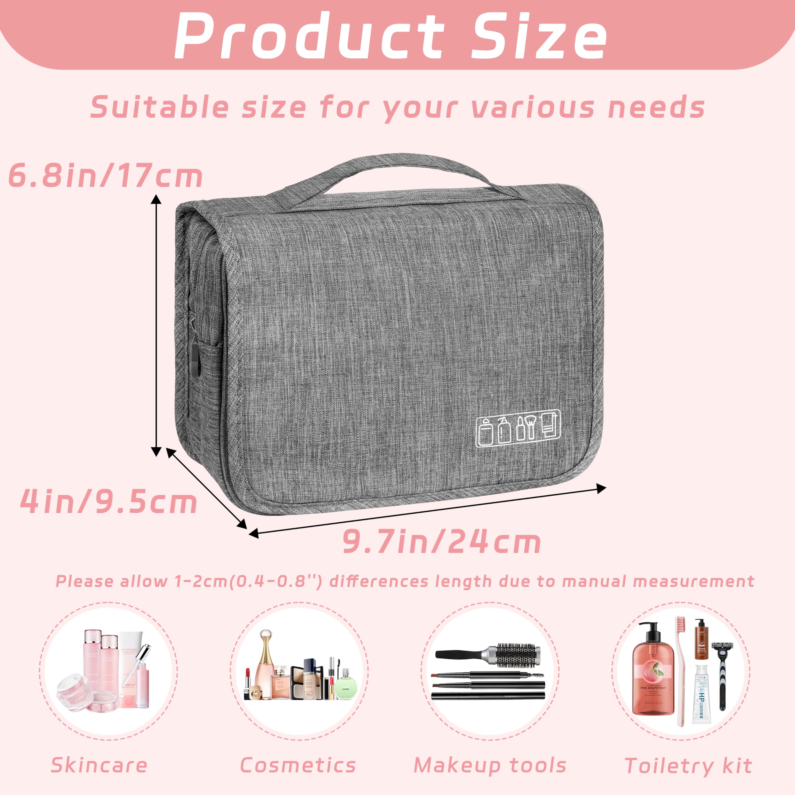 Waterproof Hanging Toiletry Bag for Travel - Portable Multifunctional Makeup & Cosmetic Organizer with Hook for Women & Men (Grey) - Perfect for Camping, Gym, Business Trips & Vacation Essentials