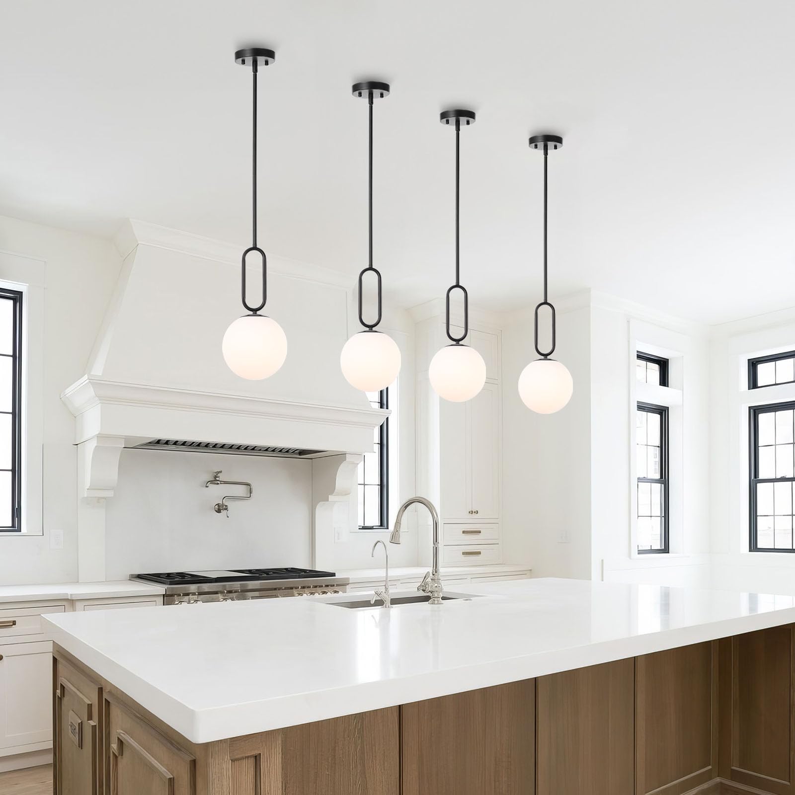 Modern Black Globe Pendant Light with Milky White Glass Shade - 2 Pack Adjustable Hanging Ceiling Fixture for Kitchen Island, Dining Room & Living Room - Perfect for Farmhouse, Industrial & Modern Home Decor