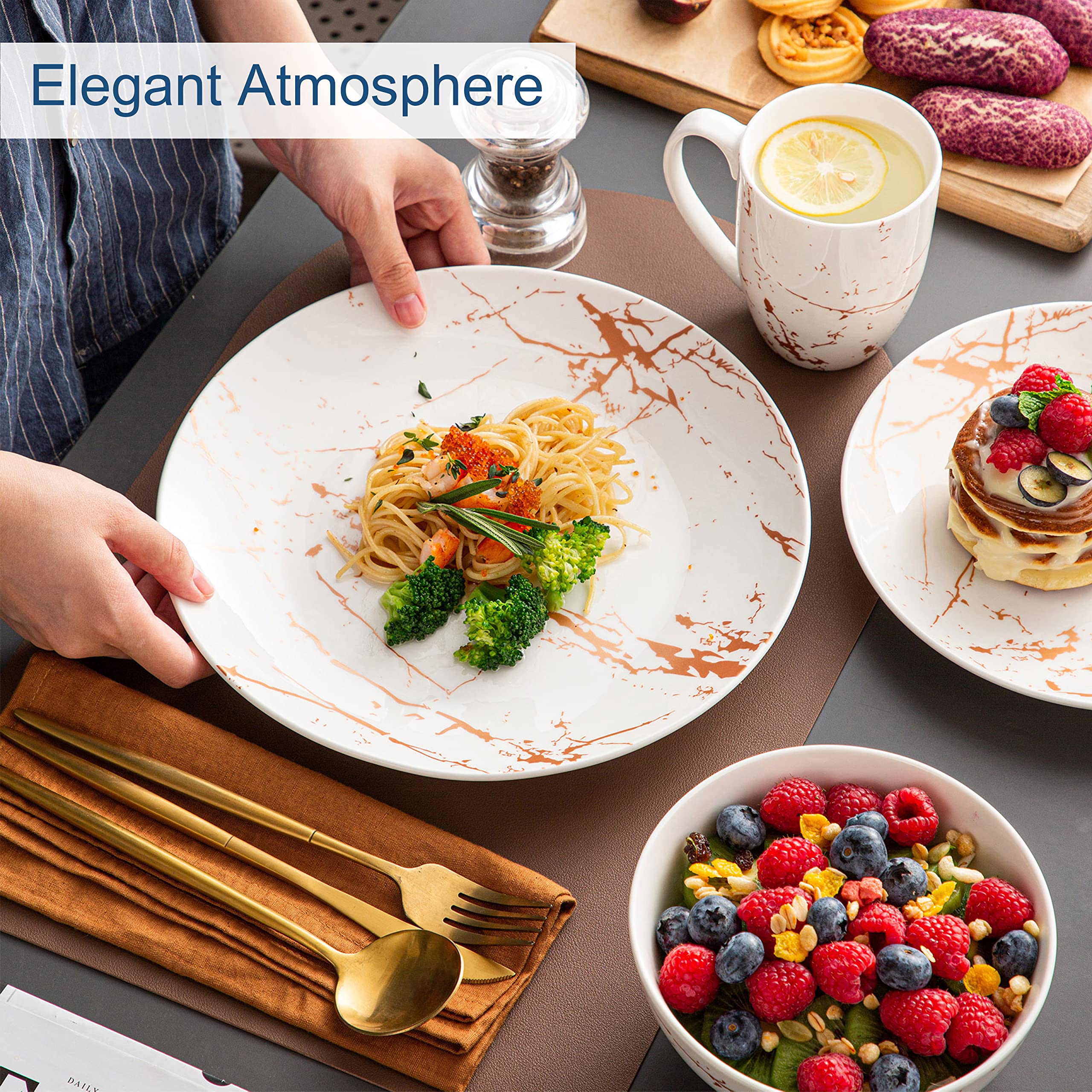 LOVECASA 32-Piece White Porcelain Dinnerware Set with Gold Splash for 8 - Dishwasher & Microwave Safe for Everyday Dining