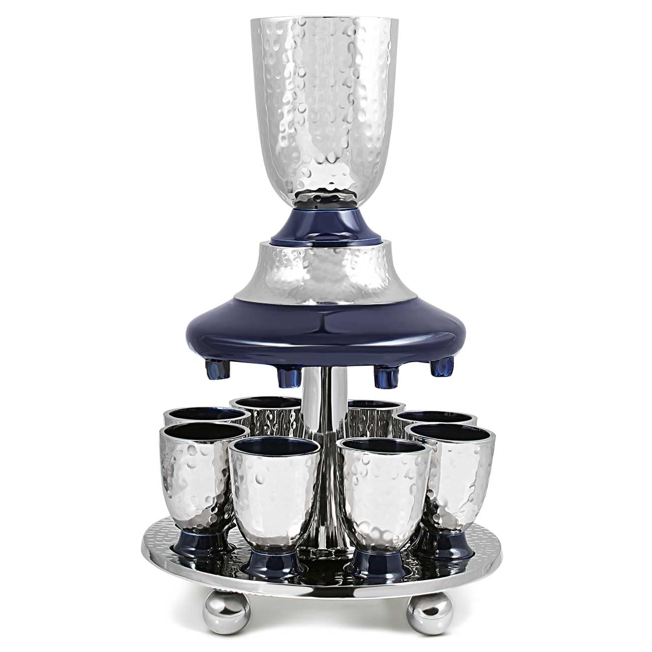 Zion Judaica Shabbat Blue Enamel Kiddush Cup & Wine Fountain Set - 7.5 oz Hammered Metal Goblet with 8 Mini 1.2 oz Stemmed Shot Cups - Perfect for Shabbat, Passover, Holidays & Pesach Seder Table Decor - Elegant Jewish Ceremonial Wine Set for Home Celebrations