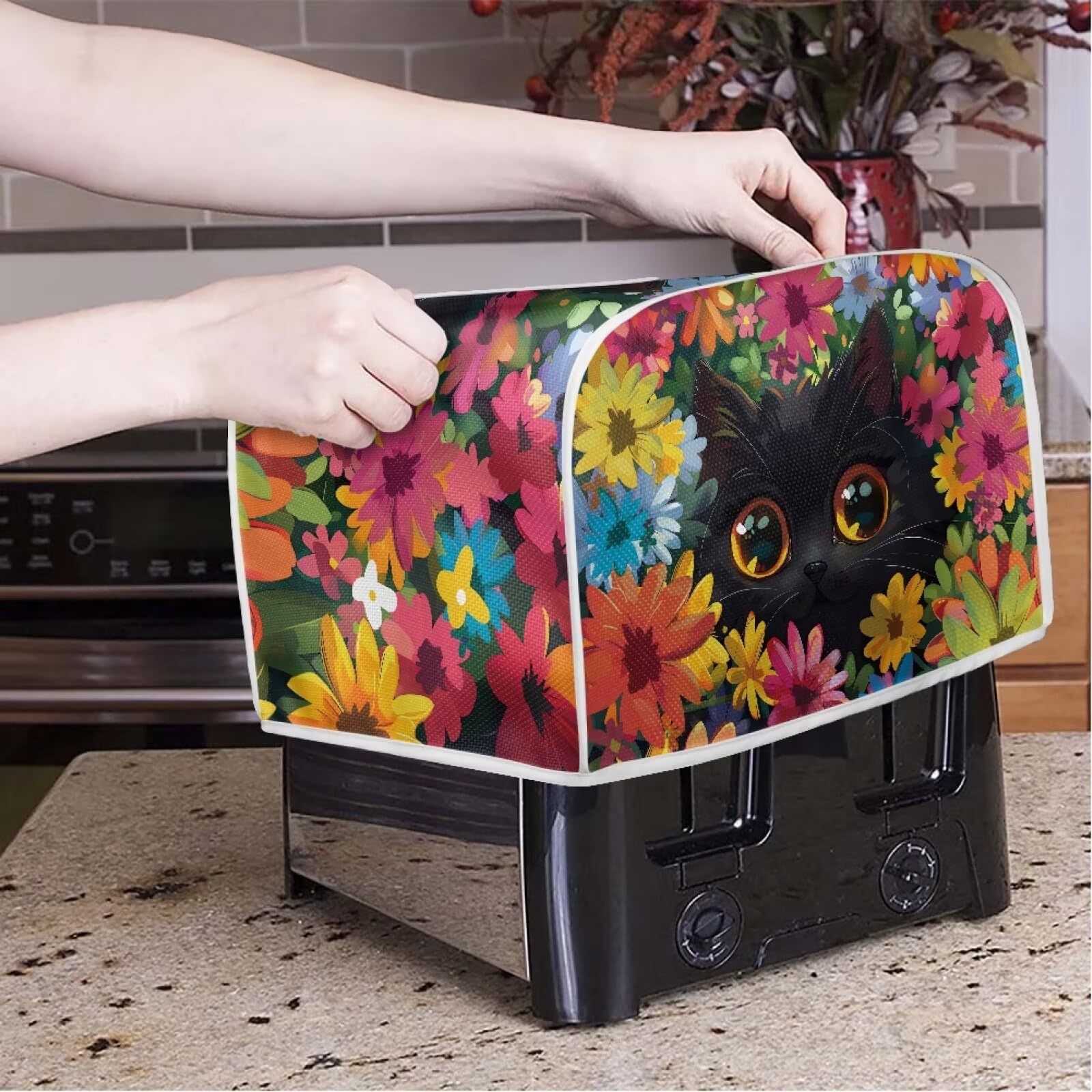 Flower Cats 4-Slice Toaster Covers - Durable, Lightweight, Universal Size Kitchen Appliance Protectors with Top Hook for Decorative Home and Kitchen Use
