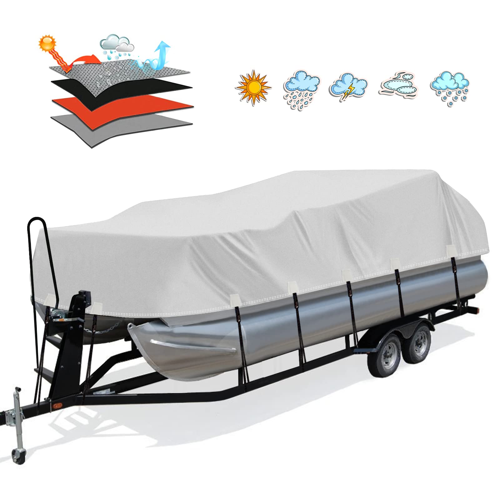 Solim 22-24ft Heavy Duty Pontoon Boat Cover - 1200D PU Waterproof Marine Grade Oxford Fabric with UV Protection - Adjustable 18 Tie Down Straps - Gray - Perfect for Outdoor Boat Storage & Winter Protection