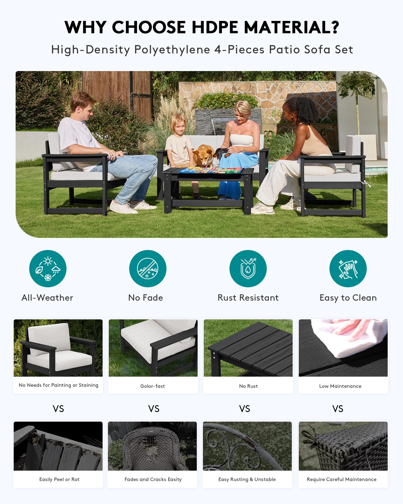SERWALL 4-Piece Outdoor Patio Furniture Set - All-Weather HDPE Loveseat Sofa with Cushions & Coffee Table, Black Frame & Khaki Cushions for Garden, Deck, Backyard or Poolside Relaxation