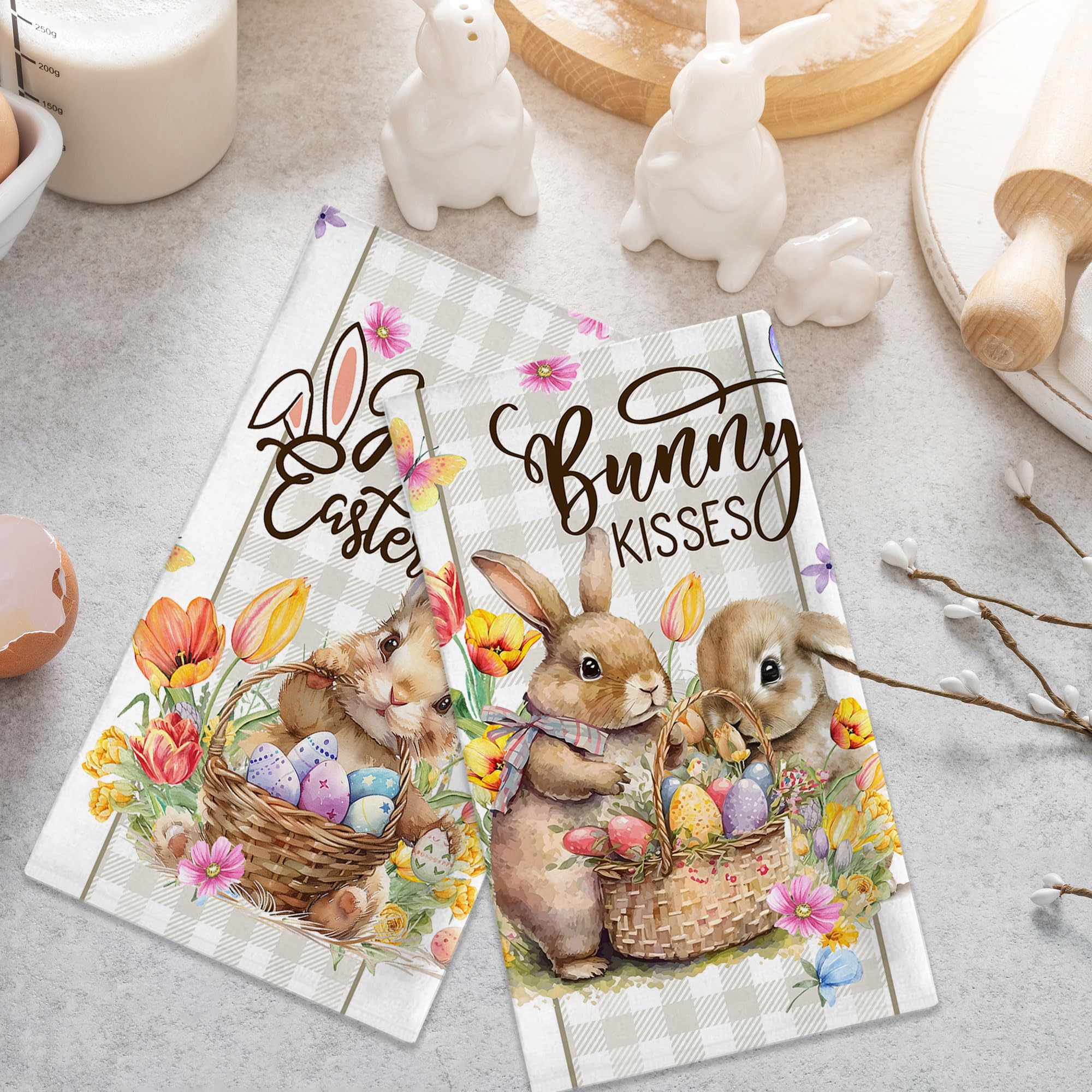 Easter Kitchen Towels Set of 2 - Bunny & Egg Design Farmhouse Dish Towels with Buffalo Plaid Pattern (18x26 Inches) - Spring Home Decor, Seasonal Gifts for Kitchen & Easter Celebrations