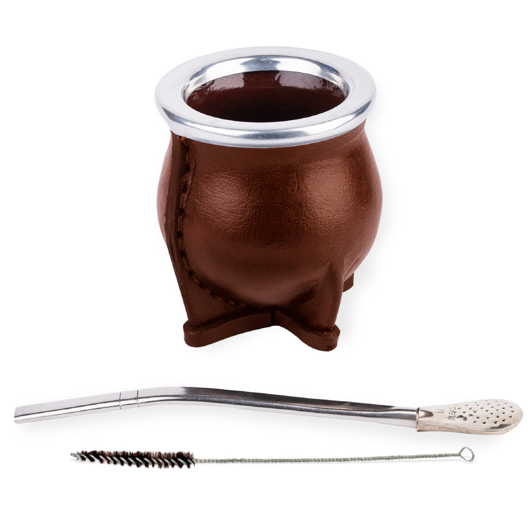 Premium Yerba Mate Cup Set - Handmade Ceramic & Leather - German Silver Straw - Perfect for Travel & Gifting