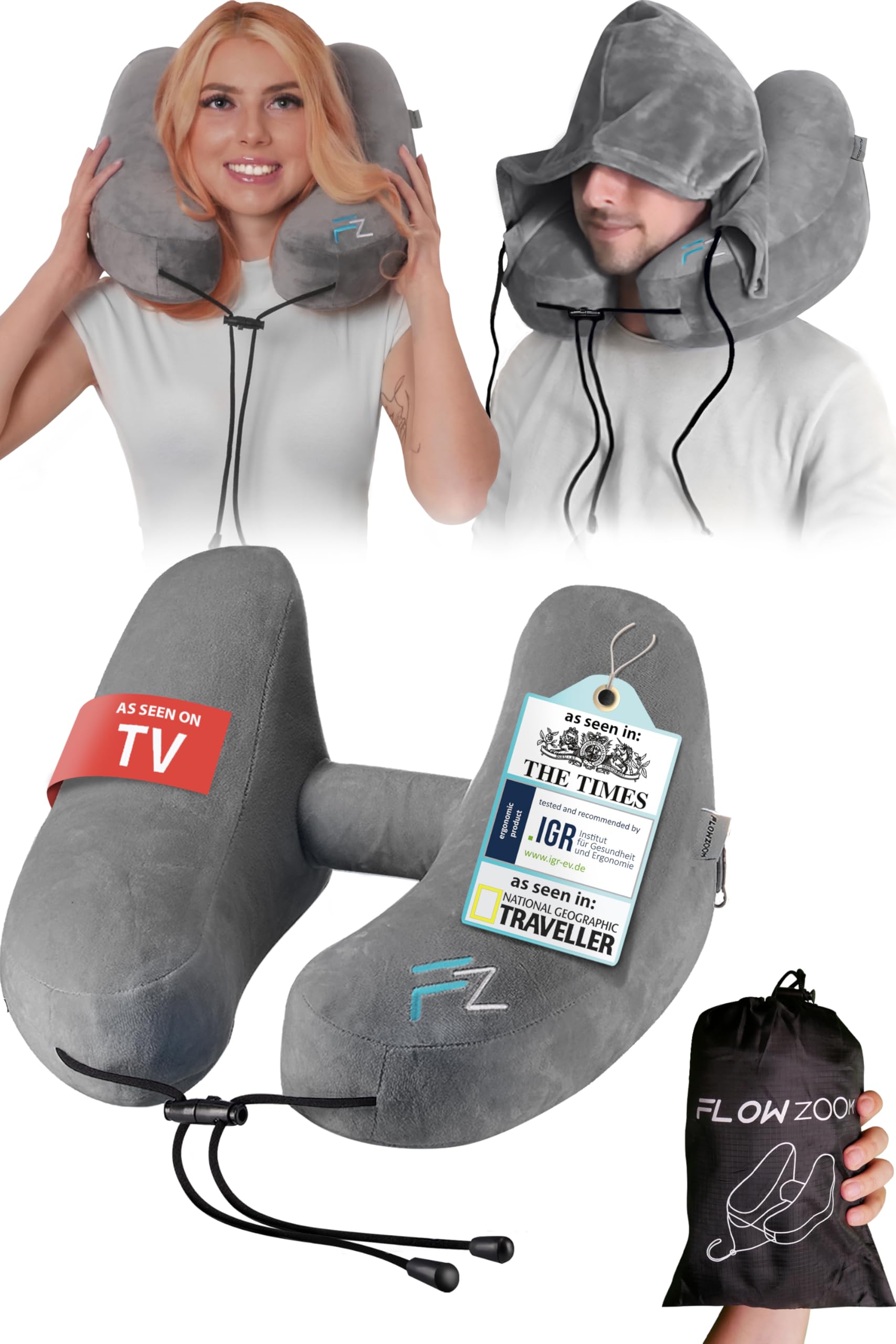 FLOWZOOM AIR Inflatable Travel Pillow for Airplane - Hooded Neck Pillow with Adjustable Support - Compact & Comfortable Flight Pillow for Long Trips - Perfect for Air Travel, Road Trips & Camping - Grey