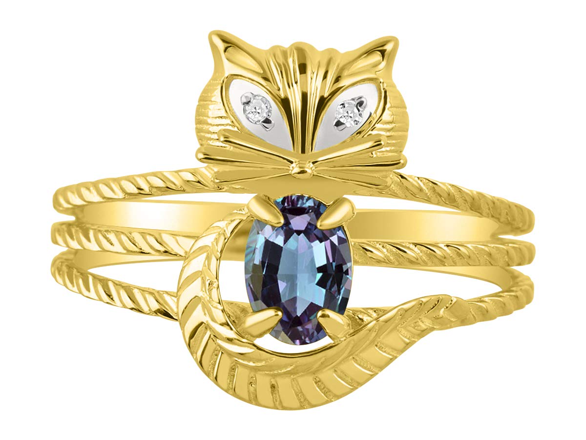 RYLOS 14K Gold Plated Sterling Silver Cat Birthstone Ring for Women - 7x5mm Oval Gemstone & Diamond Jewelry (Sizes 5-13) | Elegant Gift for Cat Lovers, Birthday Present & Everyday Wear