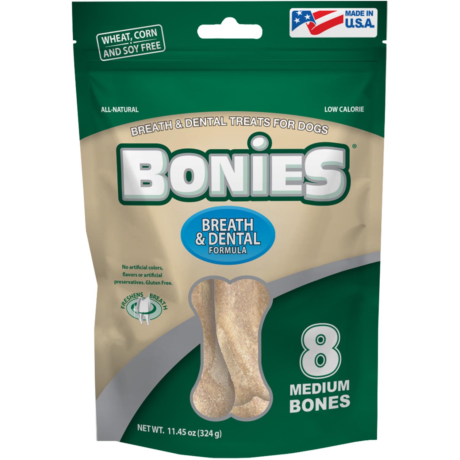 Bonies All-Natural Breath & Dental Formula Dog Treats - Chicken Flavor, Low-Calorie Teeth Cleaning Chews for Fresh Breath (8 Bones, 11.45oz) - Perfect for Daily Oral Care and Training Rewards
