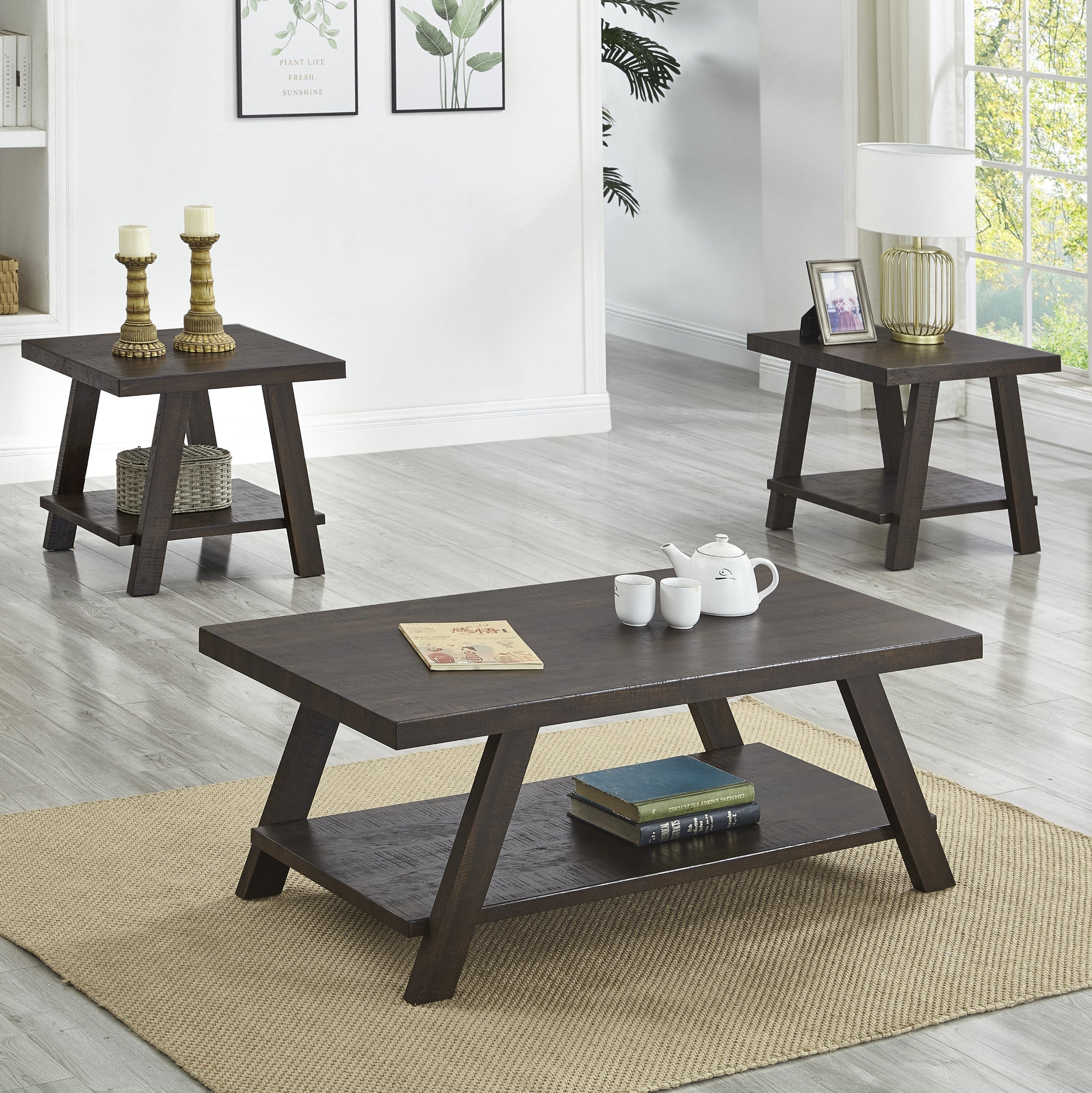 Roundhill Furniture Athens Contemporary 3-Piece Wood Shelf Coffee Table Set in Weathered Espresso - Modern Living Room Decor for Small Spaces, Home Office & Apartment