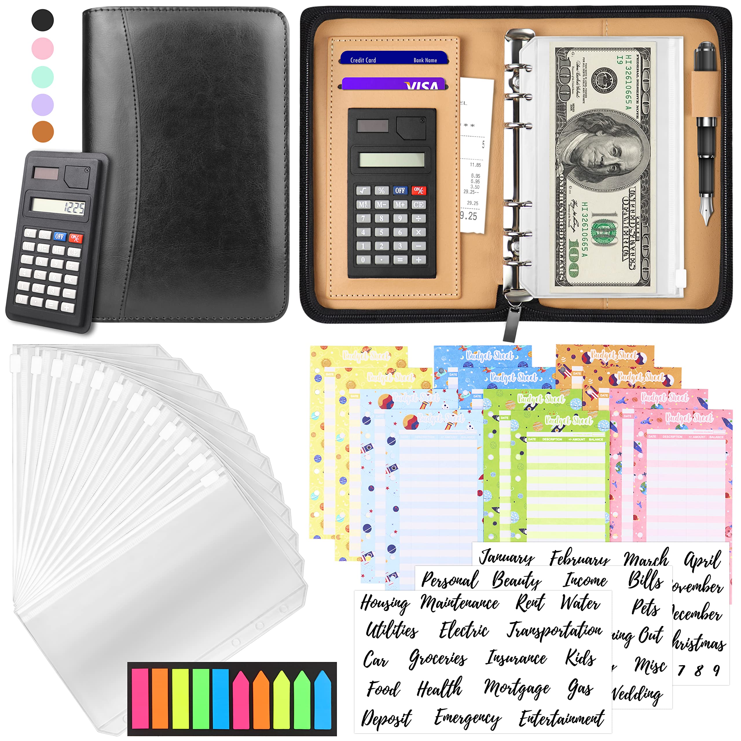 2025 A6 PU Leather Budget Binder with Zipper Envelopes & Calculator - Cash Organizer Wallet for Money Saving System | Perfect for Personal Finance, Bill Tracking & Cash Envelope Budgeting Method