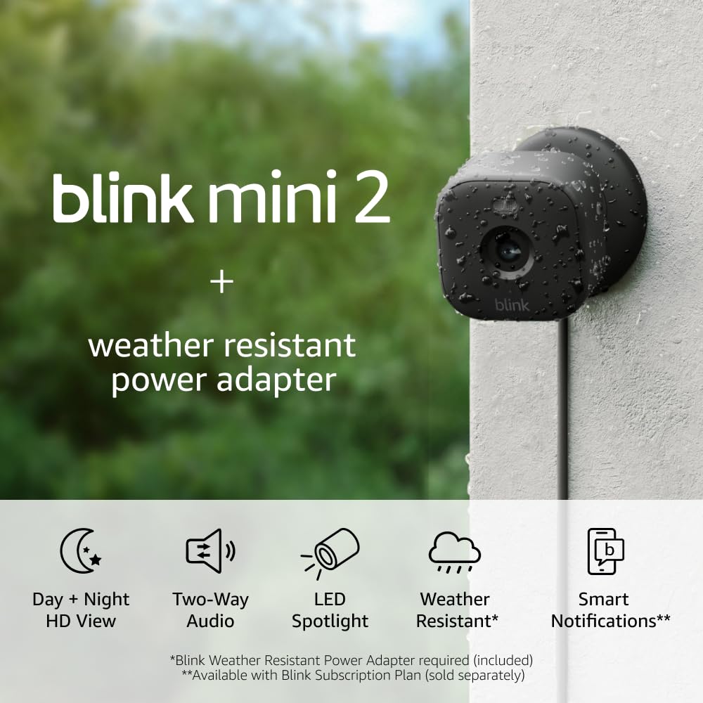 Blink Mini 2 (Newest Model) Weatherproof Security Camera with HD Video, Motion Detection & Built-in Spotlight - Indoor/Outdoor Home Monitoring & Pet Camera System - Includes 2 Black Cameras & Weather Resistant Adapter - Perfect for Home Security, Baby Monitoring & Property Surveillance