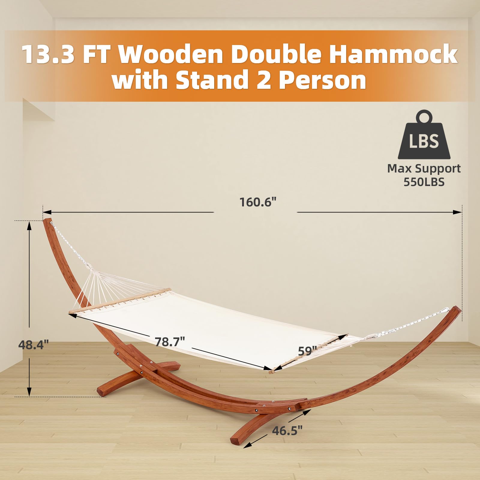 ECOTOUGE 13.3 FT Wooden Double Hammock with Stand - Heavy Duty 2 Person Hammock for Outdoor, Patio & Backyard - Easy to Assemble, Weatherproof & Premium Quilted Camping Hammock (White) - Perfect for Relaxing, Lounging & Camping Trips