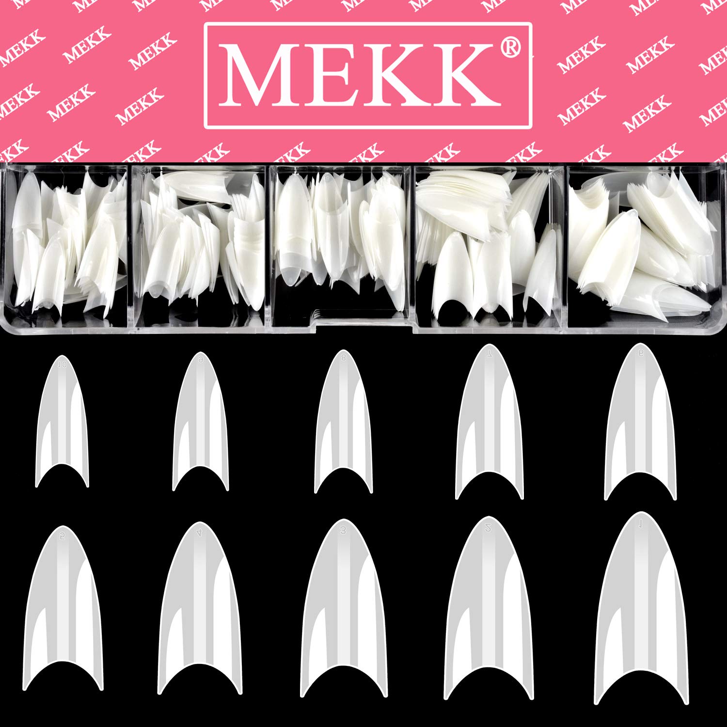 MEKK 600PCS Acrylic False Nail Tips - Short Stiletto Shape, Half Cover Natural Nails for Salon & DIY Home Manicure (10 Sizes) | Perfect for Nail Art, Acrylic Extensions & Professional Nail Services