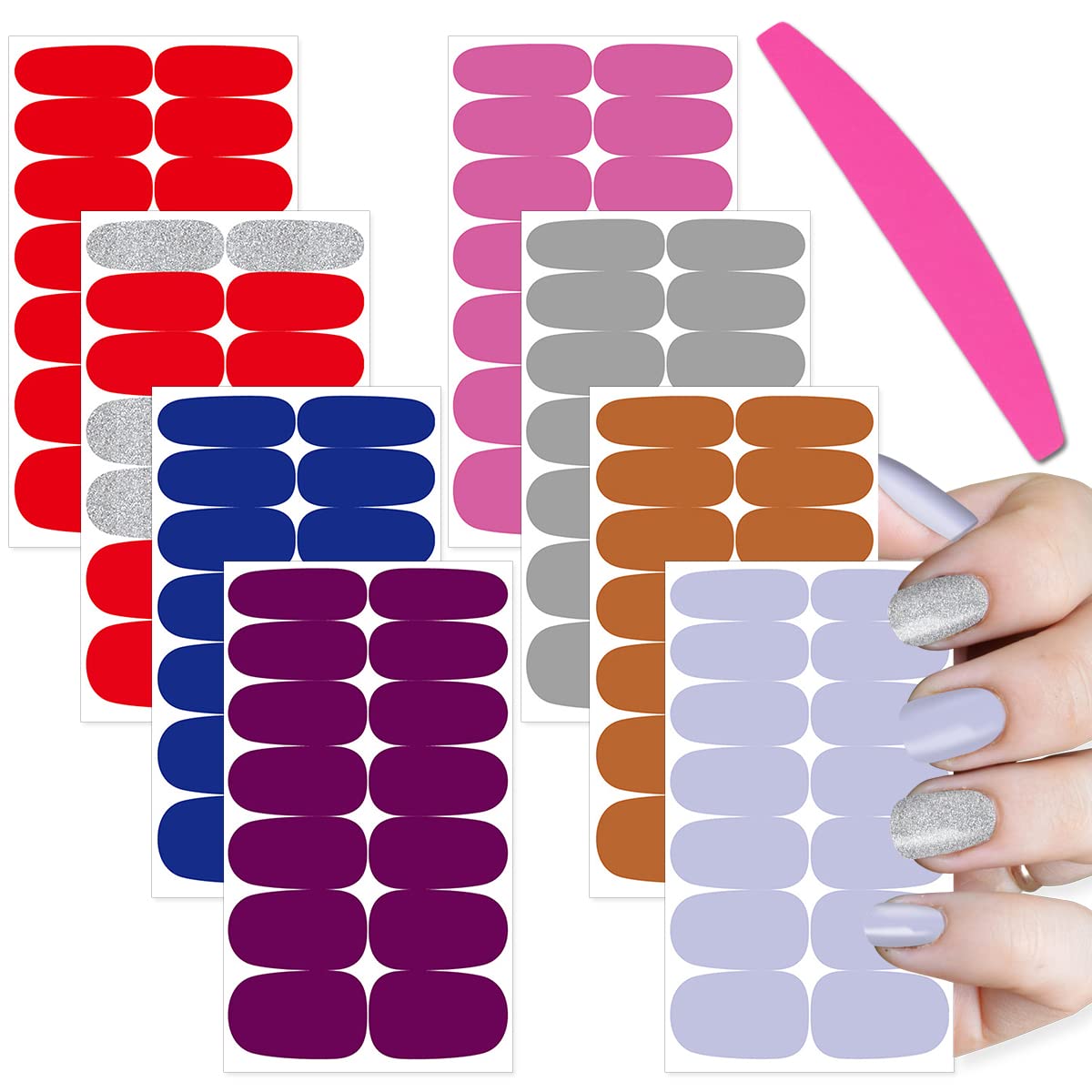 SILPECWEE 8 Sheets Self-Adhesive Nail Polish Strips for Women - Solid Color Gel Nail Wraps with 1 Nail File - Easy Manicure & Nail Art Stickers for Home, Party & Salon Use