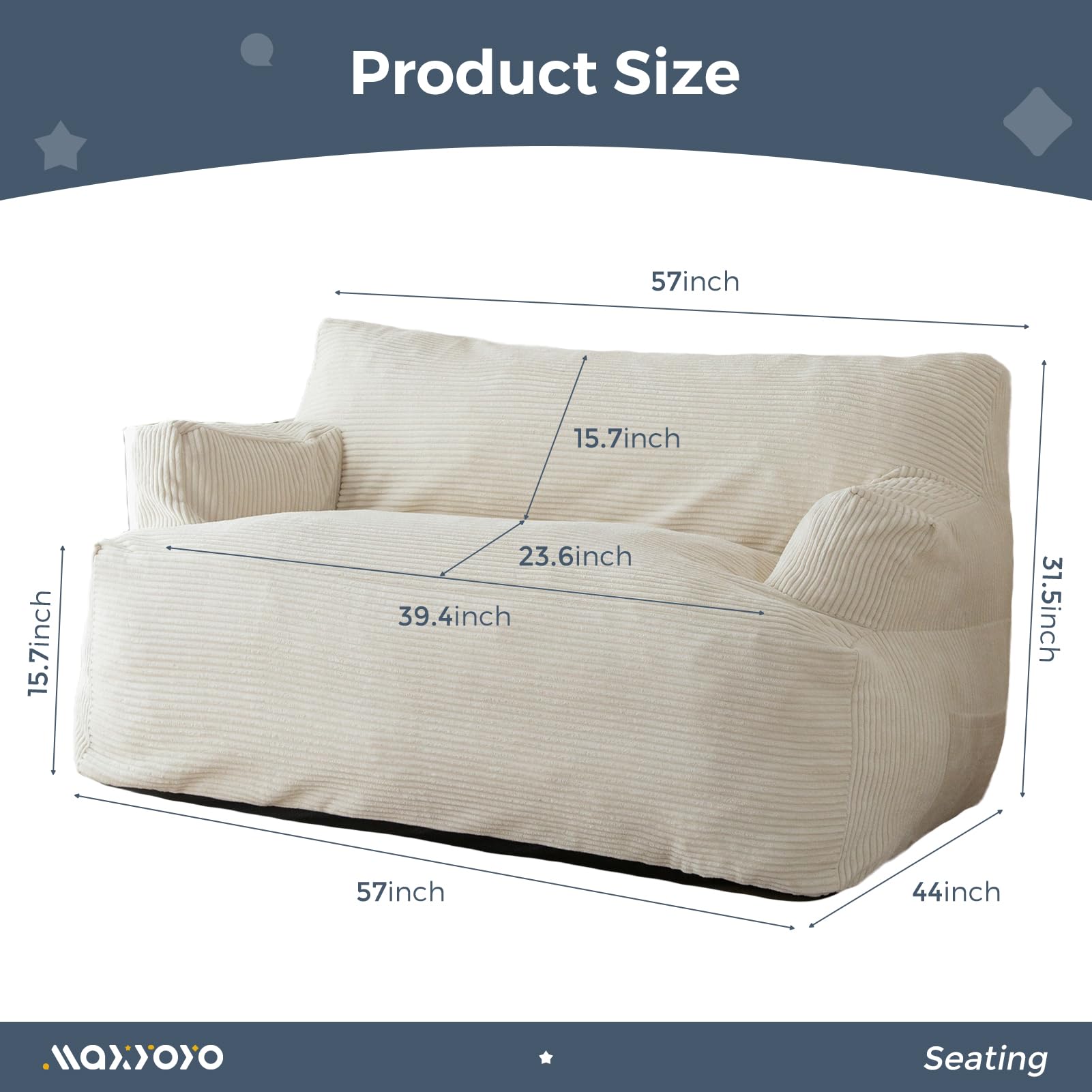 MAXYOYO Oversized Bean Bag Chair for Adults - 2 Seater Loveseat Bean Bag Couch with Filler, Large Comfortable Lounge Chair for Living Room, Bedroom or Game Room - Soft Beige Fabric