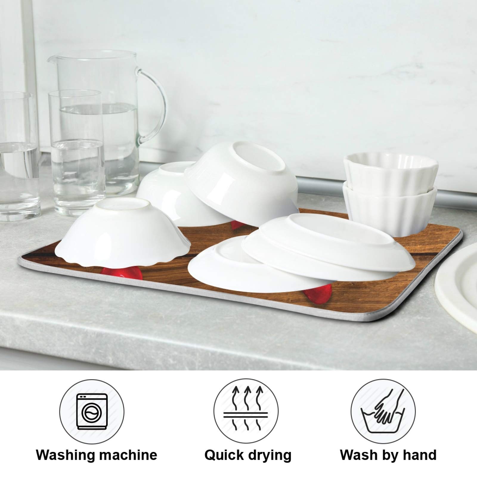 Premium Microfiber Dish Drying Mat - 18x16 Inch Absorbent Kitchen Counter Mat with Red Heart Design on Wooden Board, Reversible Dish Drainer for Plates & Bottles | Perfect for Kitchen Countertops, Sink Areas & Dish Drying Stations