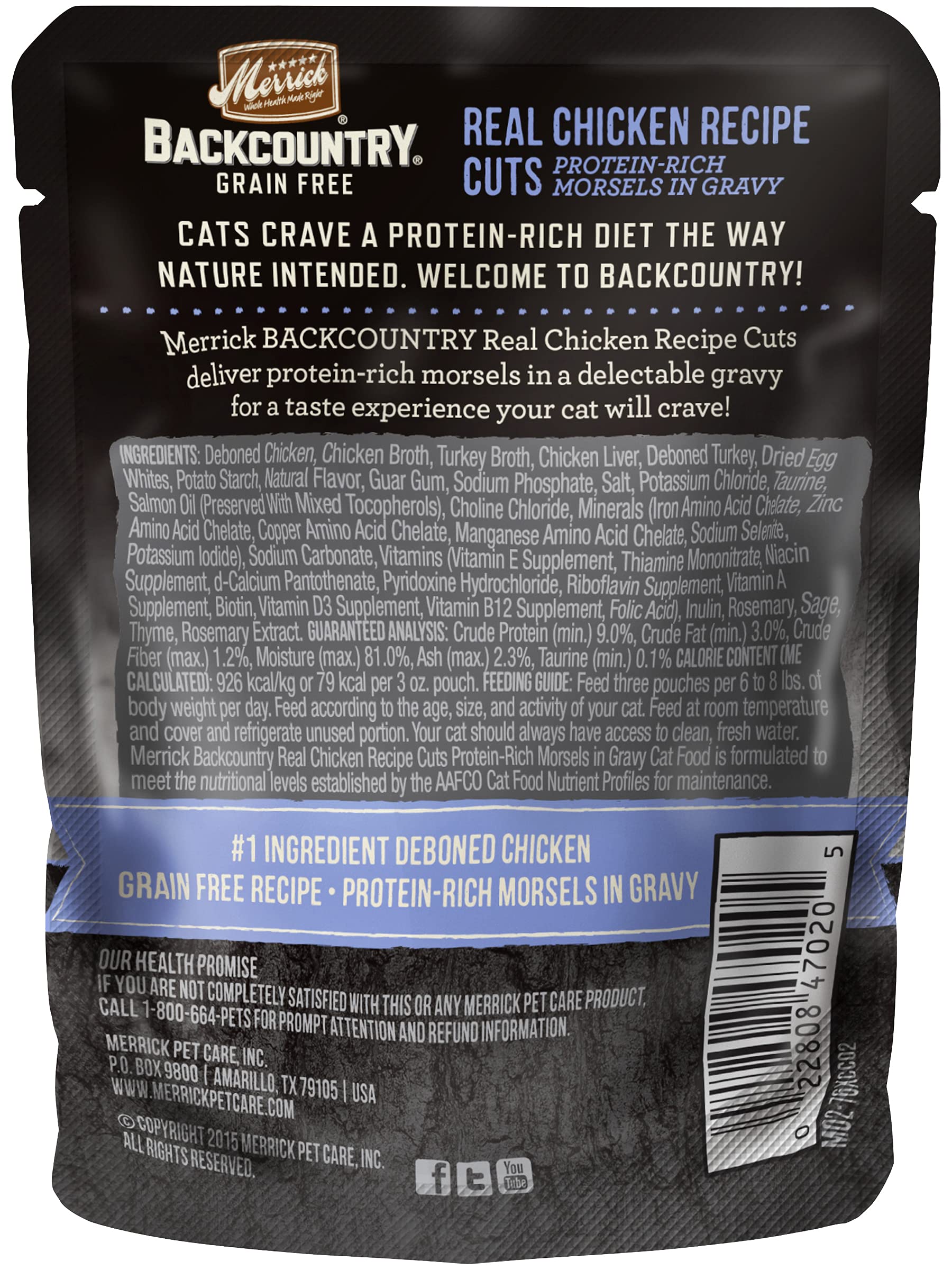 Merrick Backcountry Grain Free Wet Cat Food - Real Chicken Recipe in Gravy with Added Vitamins & Minerals | High Protein Natural Cat Food for Adult & Senior Cats | 3oz Pouch (Pack of 12) - Perfect for Indoor Cats, Weight Management & Picky Eaters