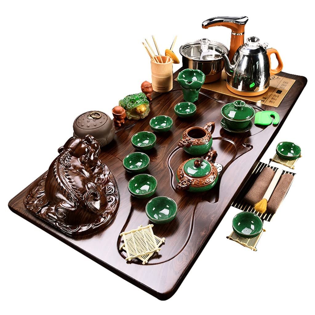Premium Chinese Kung Fu Tea Set - Ceramic Tea Ceremony Table Set with Wooden Tray & Drainage System | Complete Tea Serving Tray with Automatic Water Heater | Perfect for Home Tea Parties, Zen Meditation & Asian Cultural Events (Style-1)