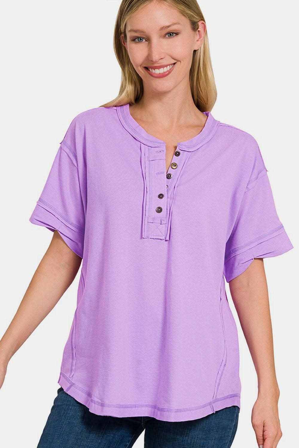 Stylish Exposed Seam Button-Up T-Shirt for Women | Trendy Casual Top for Everyday Wear & Outfits