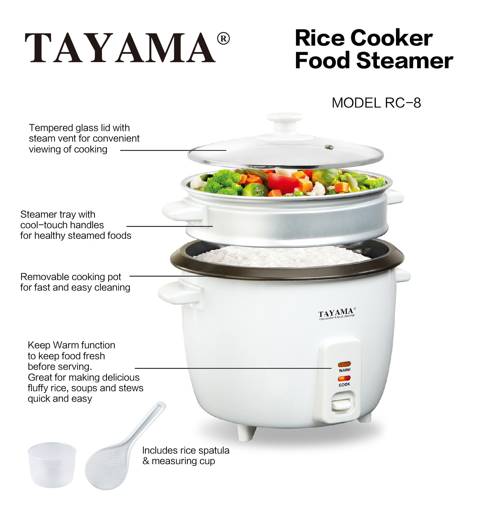 Tayama RC-8 8-Cup Rice Cooker with Steam Tray - White | Perfect for Family Dinners, Meal Prep & Healthy Cooking