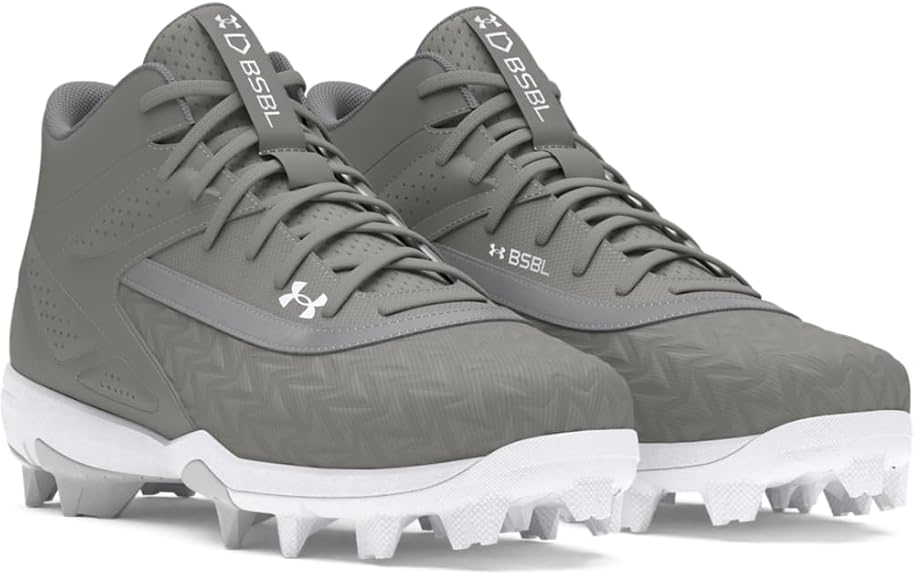 UA Youth Leadoff Mid RM 3.0 Grey Baseball Cleats - Lightweight & Durable Cleats for Kids - Perfect for Baseball Games, Training & Field Sports (Model 3027454-100)
