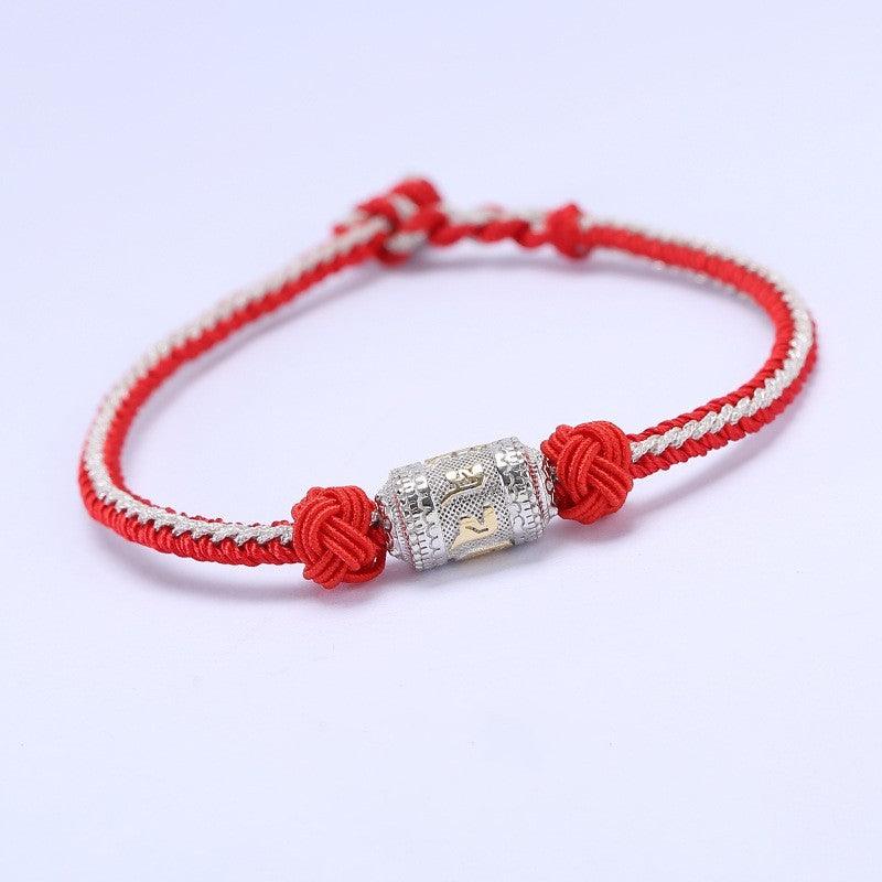 Silver Six Character True Words Twisted Warp Barrel Knitted Bracelet - Elegant Handmade Jewelry for Women, Spiritual Gift for Meditation & Yoga