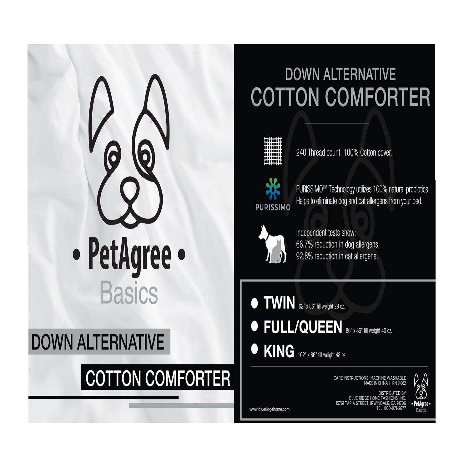 Blue Ridge Home Fashions Pet Agree Basics Purisimo Down Alternative Comforter - 100% Cotton Hypoallergenic Bedding for Allergies & Pets - Soft Comforters for Bedroom, Guest Room & Pet-Friendly Homes