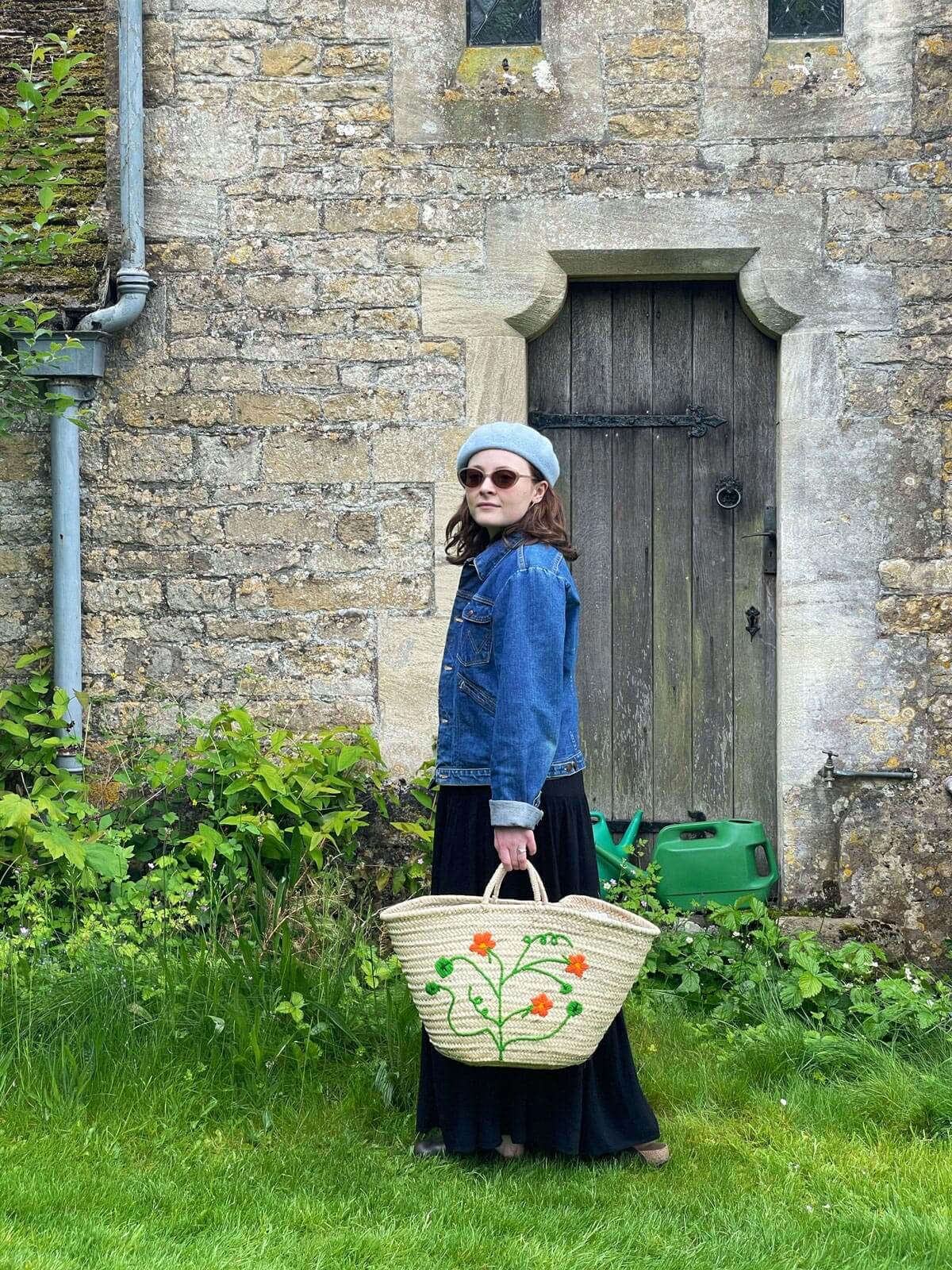 Hand Embroidered Market Basket with Nasturtium Design - Eco-Friendly Cotton Tote for Grocery Shopping, Farmers Market & Beach Outings