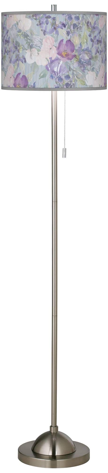 Spring Flowers Brushed Nickel Pull Chain Floor Lamp with Printed Shade - Elegant Lighting for Living Room, Bedroom & Office Decor