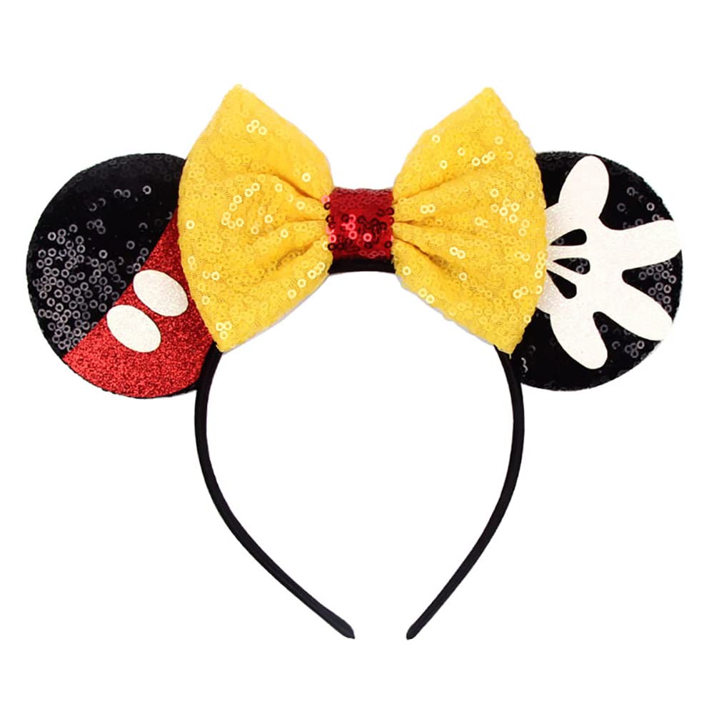 Foeran Shiny Glitter Mouse Ears Headband with Bow - Disney Princess Party Costume Accessory for Women & Girls (Yellow/Mickey) - Perfect for Cosplay, Birthday Parties & Theme Park Visits