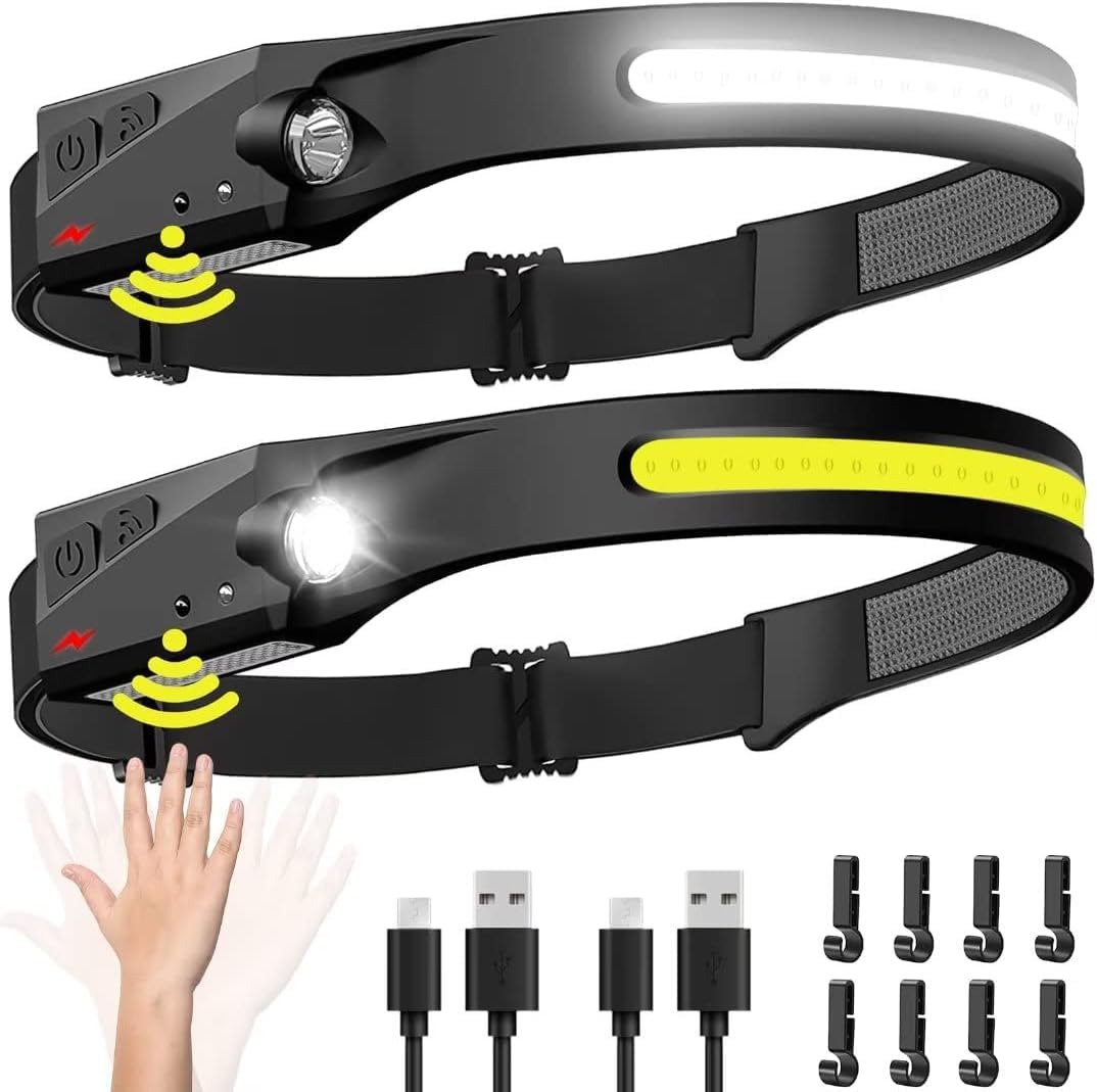 Rechargeable LED Headlamp with Motion Sensor - Ultra Lightweight 2.47oz COB Headlight Flashlight - 5 Lighting Modes for Camping, Hiking, Running, Cycling, Fishing - Perfect for Outdoor Adventures, Night Work & Emergency Use (2 Pack)