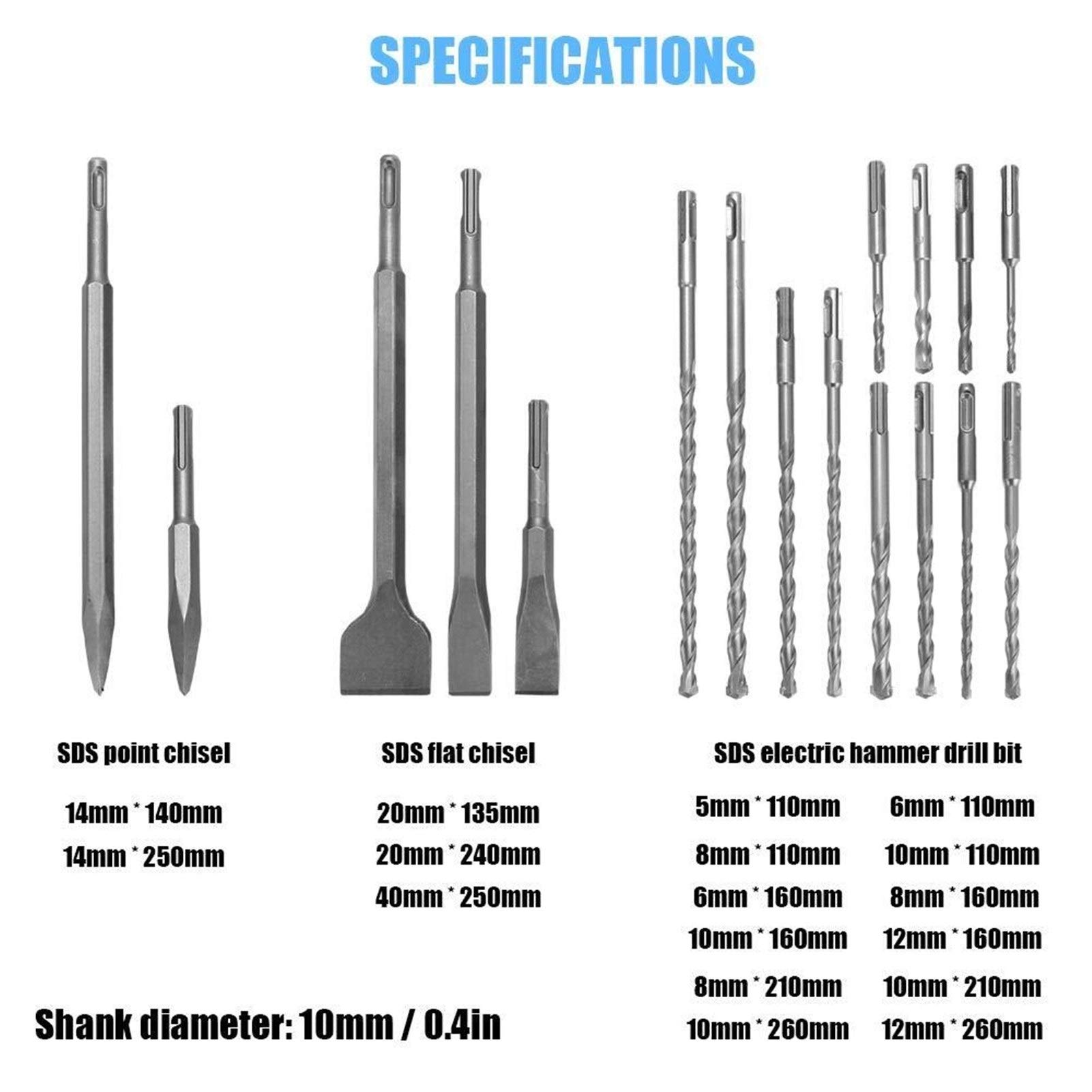 17pcs SDS Drill Bits and Chisels Set - Heavy Duty Rotary Hammer Drill Accessories for Concrete Drilling & Grooving | Durable Construction Tools with Aluminum Case | Perfect for DIY Projects, Home Renovation & Professional Construction Work