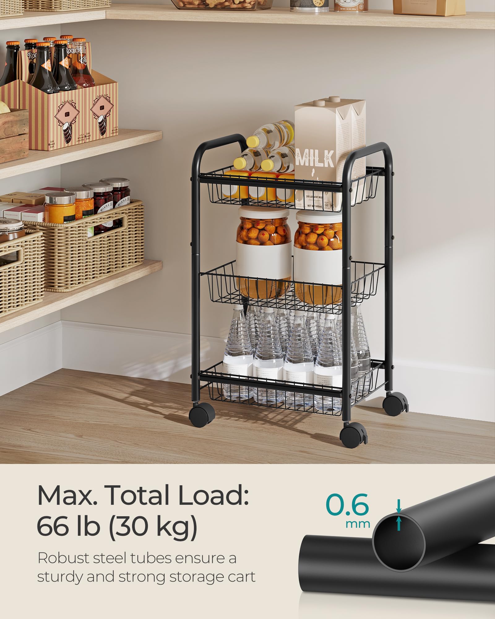 SONGMICS 3-Tier Metal Rolling Cart with Wheels & Lockable Baskets, Utility Trolley with Handles for Kitchen Storage, Bathroom Organization & Closet Shelving - Removable Shelves, Black UBSC03BK | Perfect for Home, Office & Dorm Room Organization