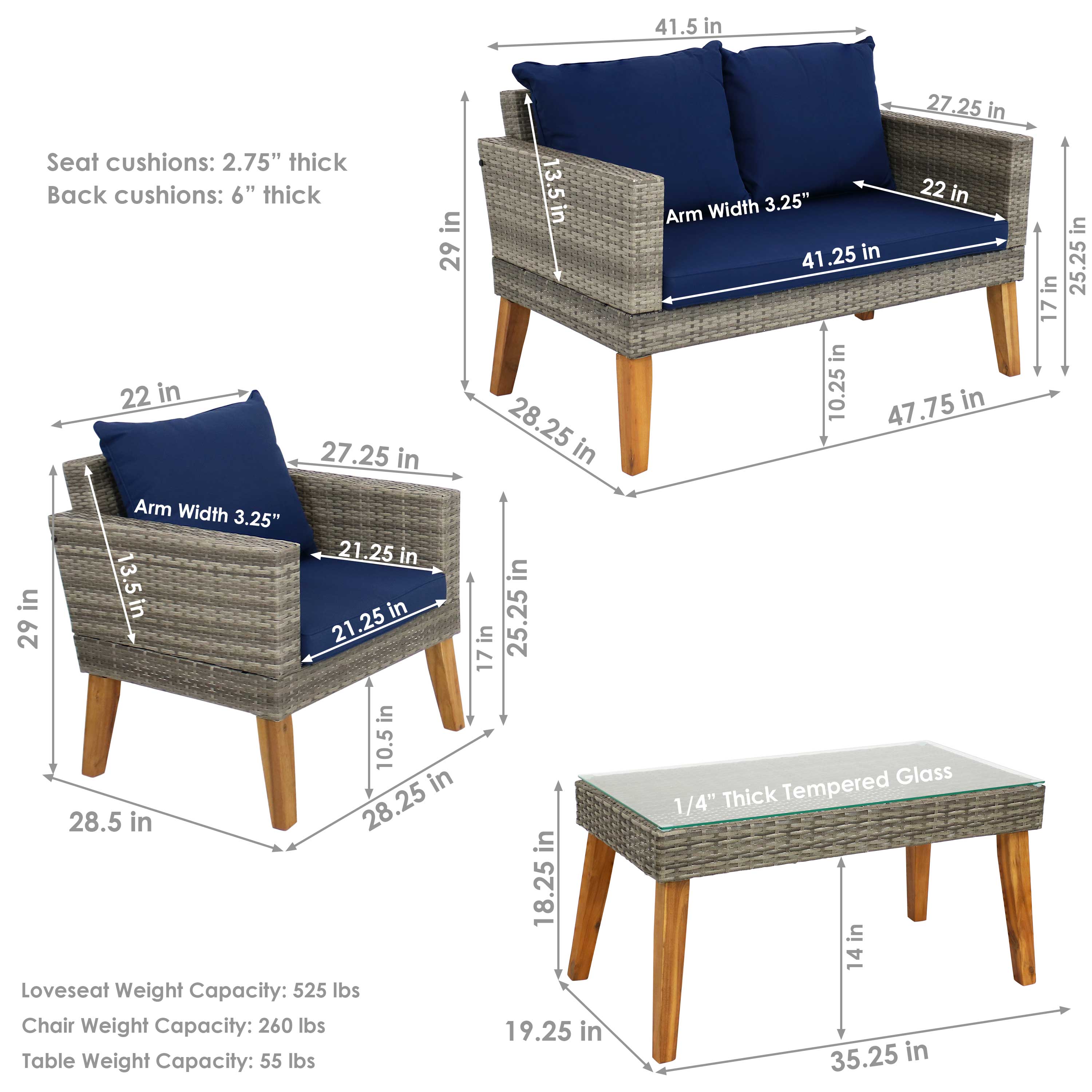 Sunnydaze Clifdon 4-Piece Rattan & Acacia Wood Patio Furniture Set - Outdoor Dining & Lounge Set for Garden, Backyard, Poolside