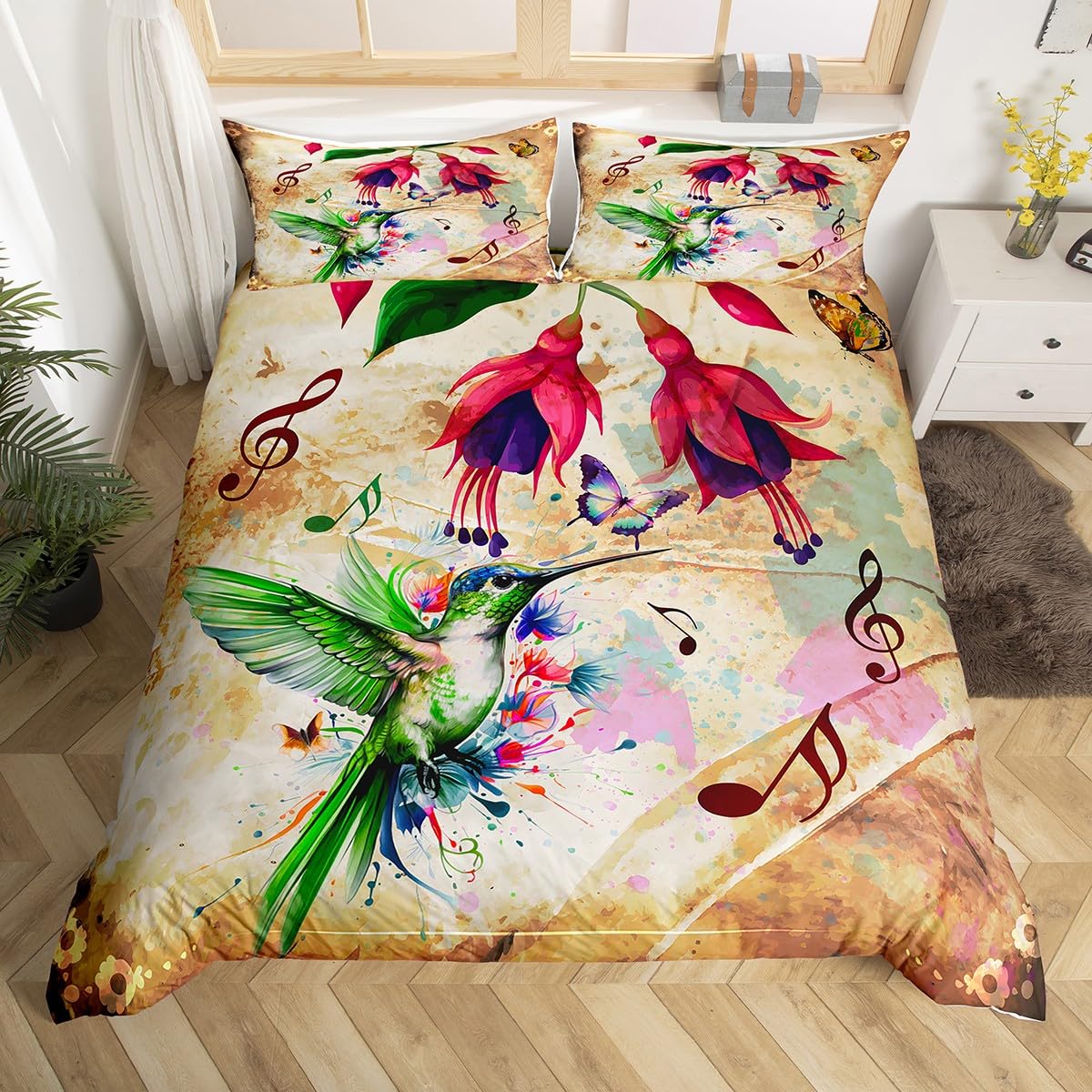**Hummingbird Bedding Set Twin Size - Tropical Birds Floral Butterfly Comforter Cover, Vintage Garden Duvet Cover for Kids, Women & Grandma - Farmhouse Style Bedspread with Musical Note Design - Perfect for Nursery, Guest Room & Cozy Farmhouse Decor**
