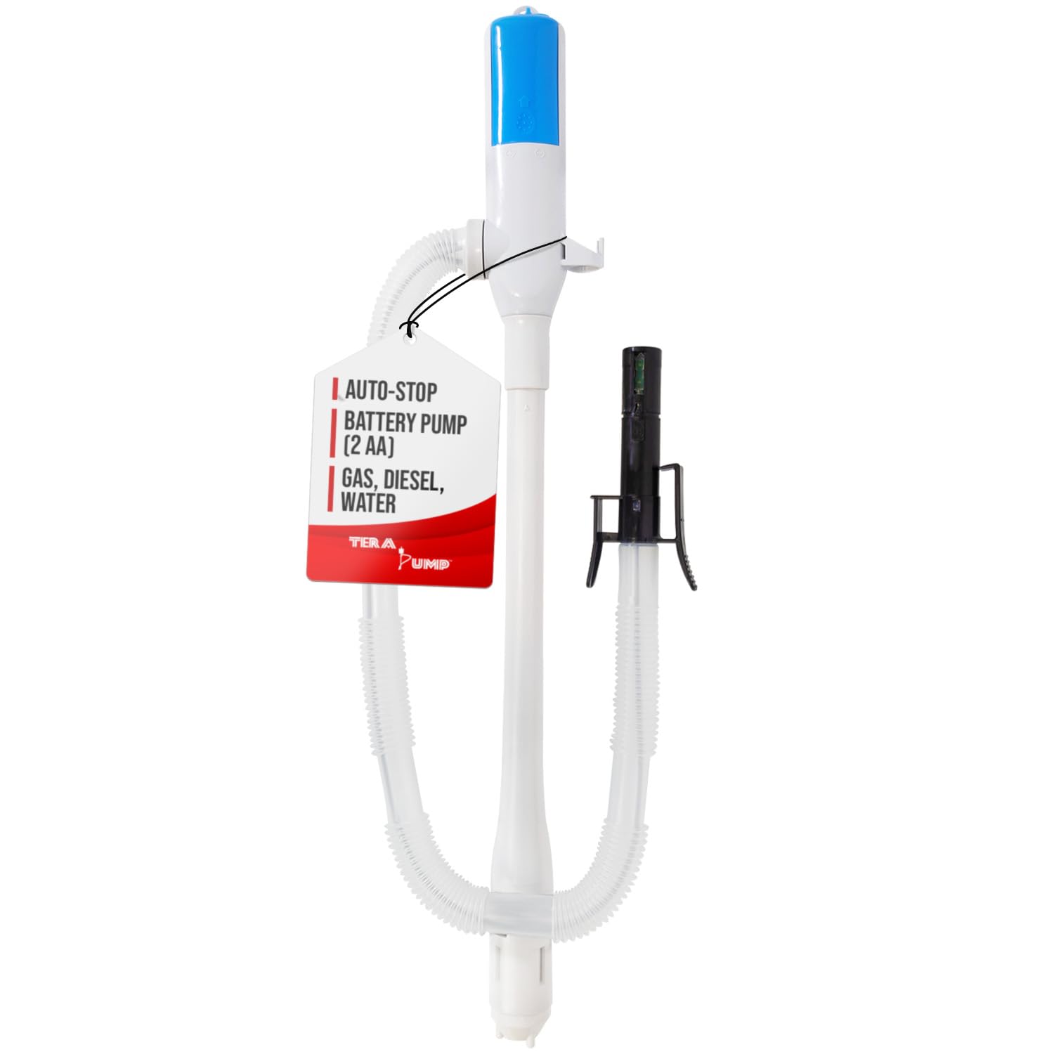 TERA PUMP Automatic Portable Battery Operated Fuel Transfer Pump - 2.4 GPM Flow Rate with Auto Stop Sensor & Nozzle Clip - Handheld Gasoline/Diesel Pump for Cars, Boats, Lawn Mowers - Uses 2 AA Batteries (Not Included) - Ideal for Emergency Fuel Transfer & Outdoor Equipment Maintenance