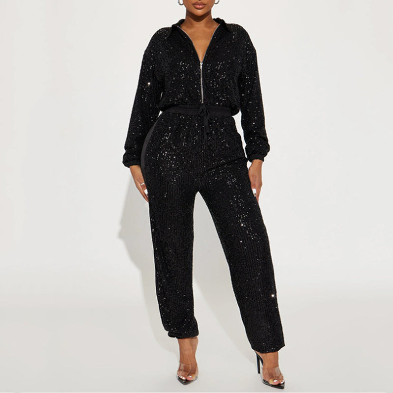 Sexy Sequined Deep V-Neck Jumpsuit for Women - Sparkly Party Outfit for Nightclub, Evening Events & Special Occasions