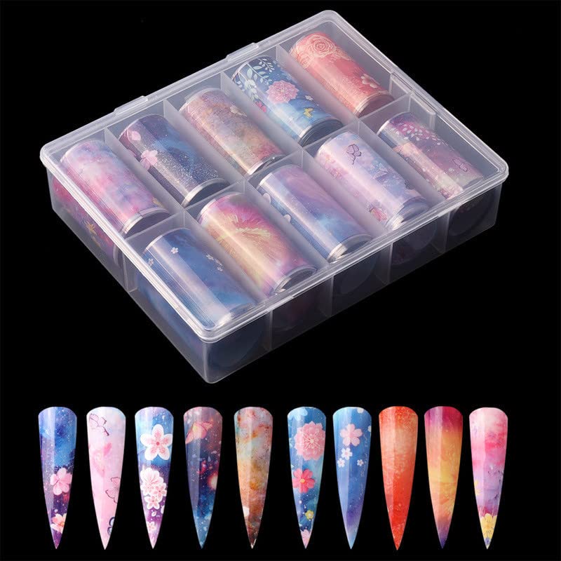 10 Roll/Set Colorful Starry Sky Nail Foil Transfer Stickers - Gradient Glitter Nail Art Decoration Kit with Professional Star Glue (Flower Style) | DIY Manicure, Salon Nail Design, Party & Special Occasion Nail Art