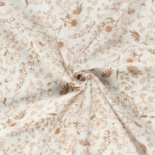 Brown Floral Double Gauze Fabric - Soft & Breathable Material for Dresses, Blouses, and DIY Crafts | Perfect for Summer Clothing & Home Decor Projects