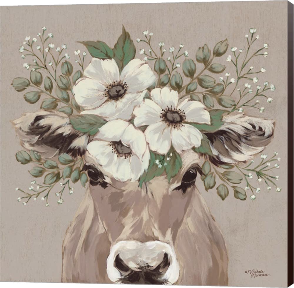 Flora The Jersey Cow by Michele Norman - 12x12 Inch Canvas Art Wall Picture, Museum Wrapped with Espresso Sides - Perfect for Farmhouse Decor, Living Room, Nursery & Office Wall Art