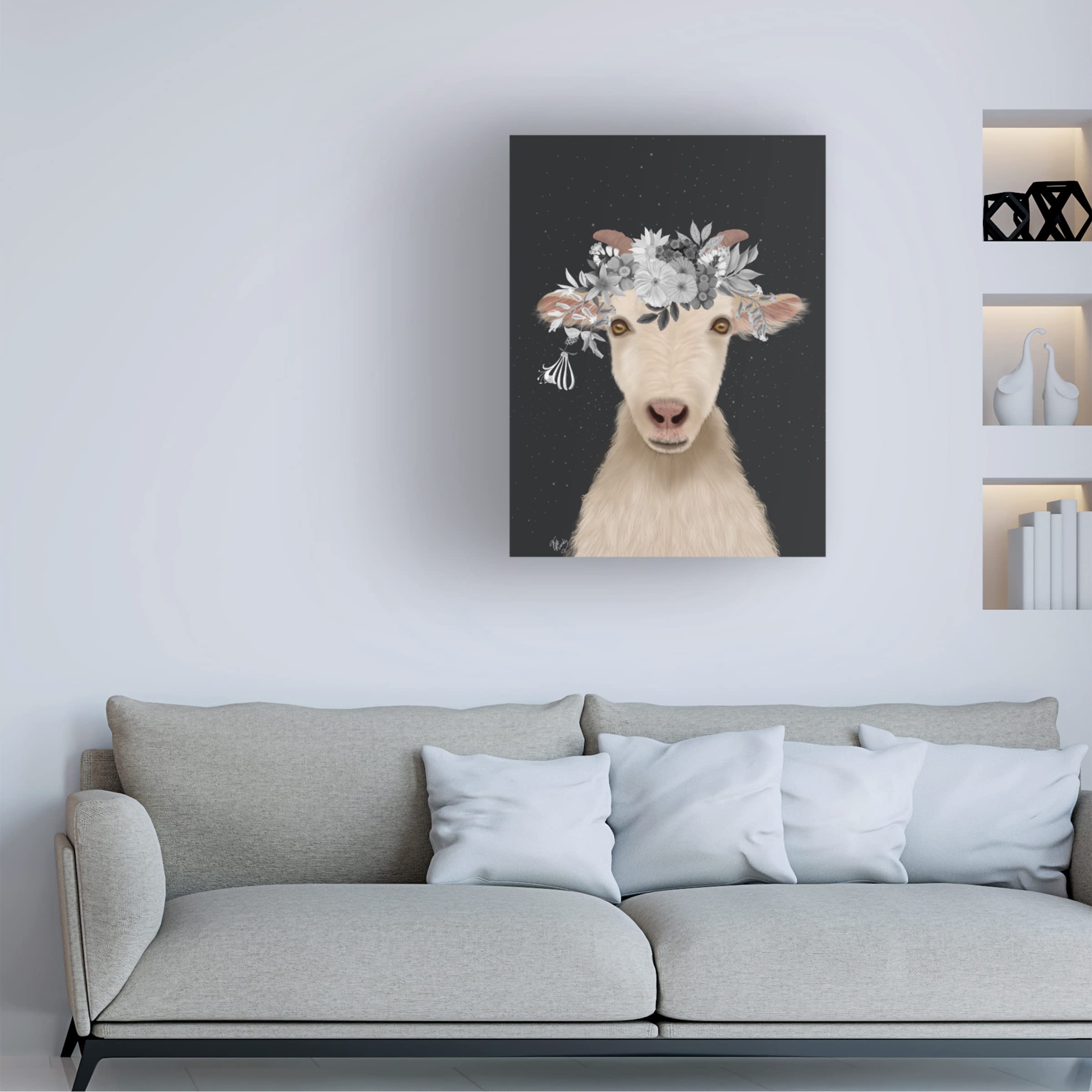 Fab Funky 'Goat 1 White Flowers' Canvas Wall Art Print - Modern Home Decor for Living Room, Bedroom & Office - Handmade Floral Animal Painting