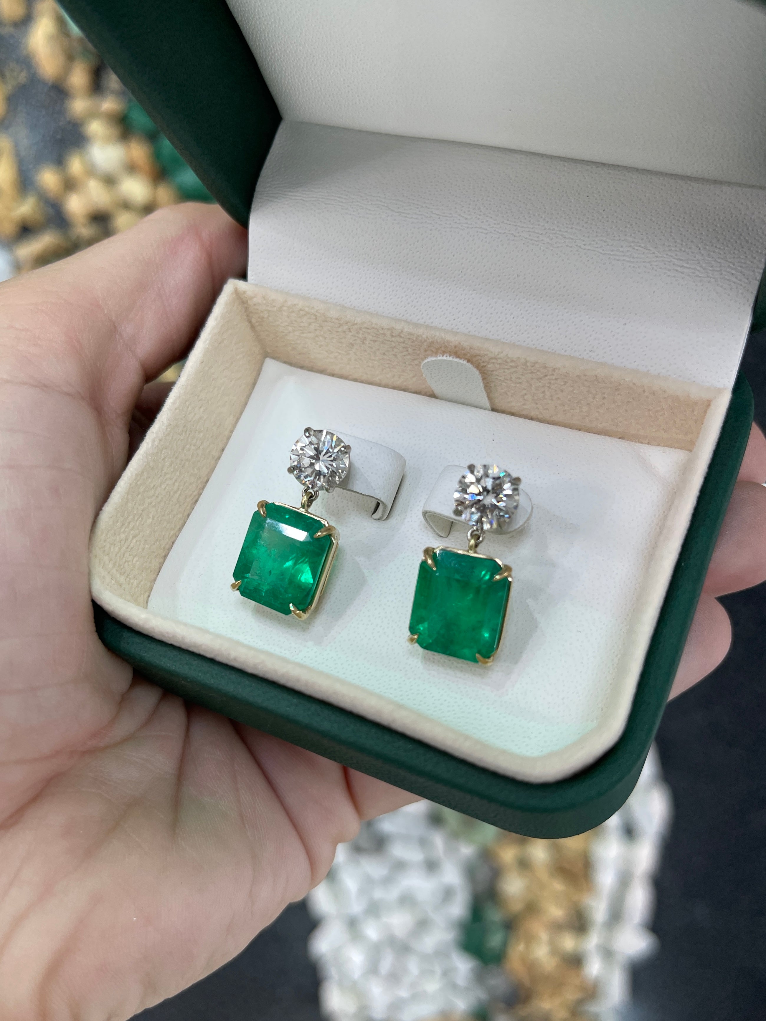 17.72tcw AAA+ Natural Emerald & Diamond Dangle Earrings in 18K Gold/Platinum - Luxury Wedding Jewelry & Evening Party Accessories